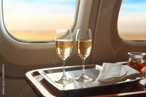 Celebratory Glasses with champagne on airplane flight. Luxury private plane VIP service. Generate ai © juliars