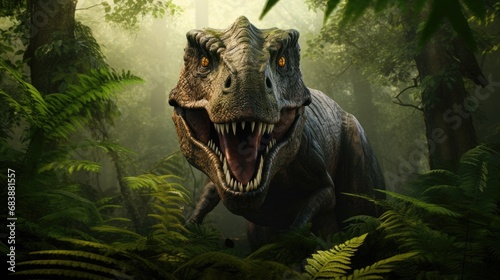 A fearsome dinosaur emerging from dense prehistoric foliage photo
