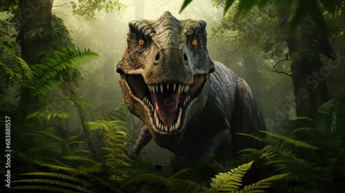 Fototapeta na wymiar A fearsome dinosaur emerging from dense prehistoric foliage