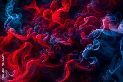 Dramatic swirls of smoke and fog dance in a mysterious choreography, bathed in contrasting vivid red, blue, and purple hues. 