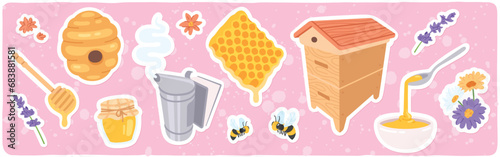 Bee honey, honeycomb products stickers set. Apiary beehive, smoker, dipper, jar, bowl collection. Natural sweet food, healthy dessert, apiculture farm, honey production flat vector illustration