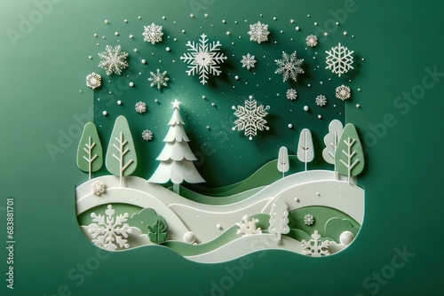Christmas background, Mountain winter landscape winter christmas composition in paper cut style.