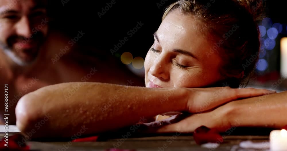 Love, hot tub and relax couple kiss, romance and together with Valetines Day date, affection and calm outdoor peace. Face, eyes closed and bonding man, woman or marriage people care in night jacuzzi