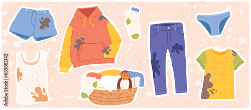 Dirty clothes with stains, laundry basket set. Hoodie, jeans, t-shirt, sock, shorts textile clothing with dirt. Garment washing, housework stickers cartoon collection flat vector illustration