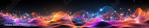 Purple, green and blue neon panorama wave motion abstract modern background. A glowing iridescent sine wave in black background. Mobile web banner backdrop. Mobile web banner backdrop.  photo