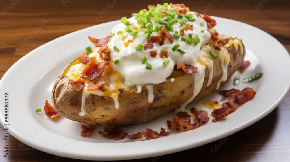 An enticing display of a loaded baked potato adorned with butter, sour cream, chives, and a generous sprinkling of crispy bacon bits.