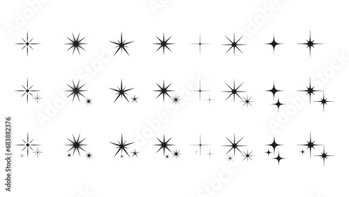 Sparkling stars composition. Glowing black star stencil  isolating various sparkling elements. Sky objects  flashing vector sign clipart collection of different Christmas snowflakes