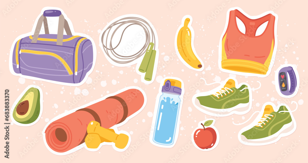 Healthy lifestyle, wellness accessories stickers set. Gym bag, sportswear, sneakers, fitness tracker, yoga mat, dumbbells, fruits food, water bottle. Sport, health background flat vector illustration 