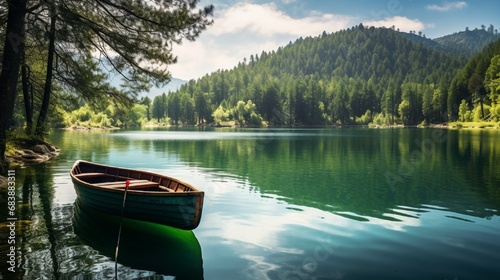 Lake landscape in the forest Lake view in spring Nature landscape in green lake boat on the lake in the forest nature scenery background theme Udall mountain national park, © Nazia
