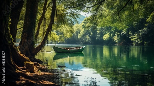 Lake view in summer View of green nature landscape and small pond in deep forest Beautiful view of fishing boat and lush trees in the pond in the forest .