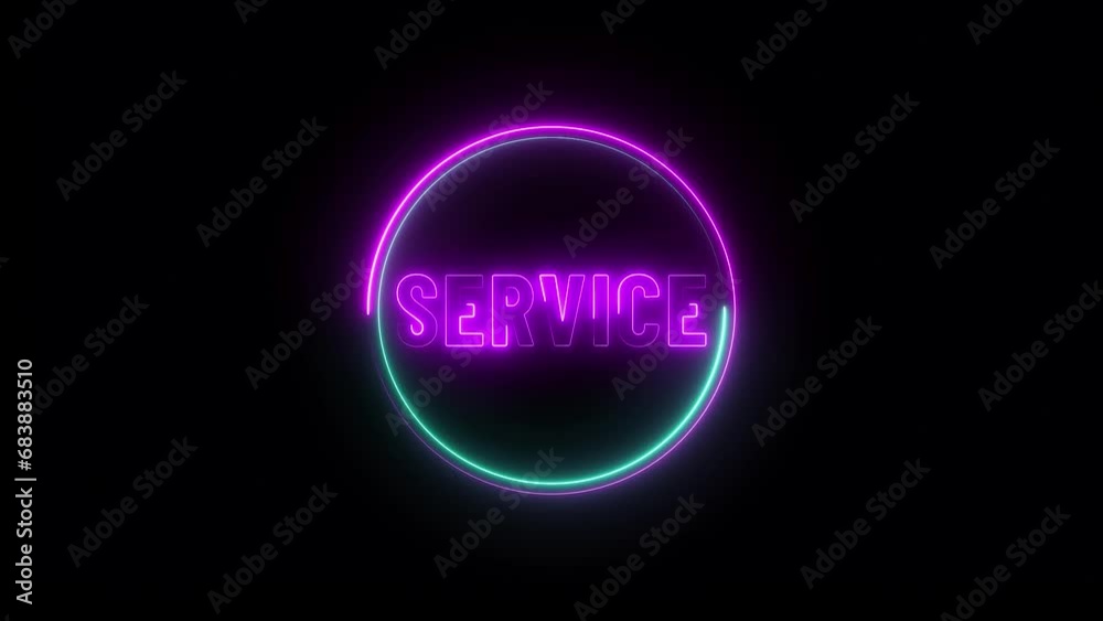 Abstract glowing neon circle and neon texture SERVICE word's animation on black background Abstract glowing neon circle and neon texture SERVICE word's animation on black background