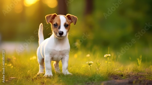 Beautiful Jack Russell puppy in nature. AI generated.
