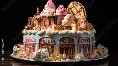 An evocative scene showcasing an ice cream cake adorned with intricate decorations, each slice promising a mosaic of delightful flavors and textures.