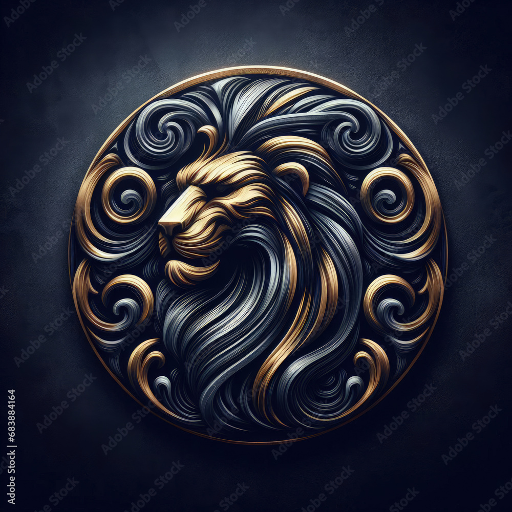 3d lion logo carving and engraving on dark background