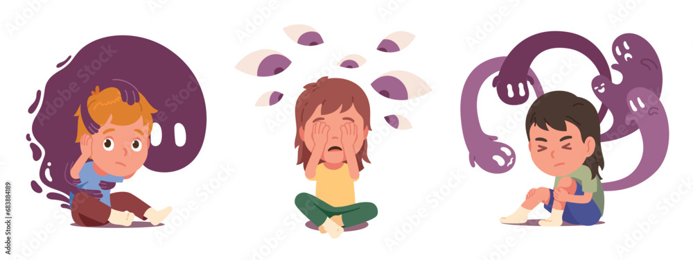 Scared kids boy, girl afraid of ghost monster. Children persons fear emotion stress. Childhood nightmare horror problem, phobia psychology, bad dream, mental health concept inner daemons vector Scared kids boy, girl afraid of ghost monster. Children persons fear emotion stress. Childhood nightmare horror problem, phobia psychology, bad dream, mental health concept inner daemons vector
