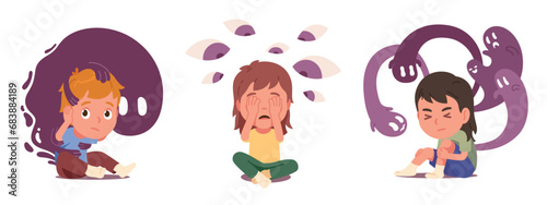 Scared kids boy, girl afraid of ghost monster. Children persons fear emotion stress. Childhood nightmare horror problem, phobia psychology, bad dream, mental health concept inner daemons vector