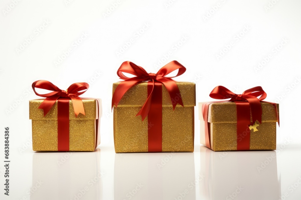 Sophisticated Gold gift boxes ribbon. Xmas present. Generate Ai Sophisticated Gold gift boxes ribbon. Xmas present. Generate Ai