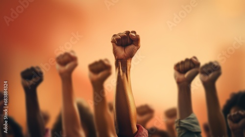 Diverse Interracial People raise hands up. African american Male Female fists. Black Lives Matter. Antiracism Equality concept. Activist people protest. Stop no racism. Active protesters fight freedom photo