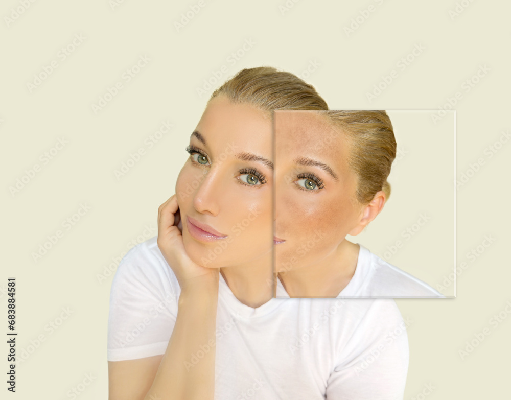 Dark spots, freckles,hyperpigmentation(melasma or chloasma),concept - skin lightening, skin whitening, fruit acids,AHA, Skin Brightening Dark spots, freckles,hyperpigmentation(melasma or chloasma),concept - skin lightening, skin whitening, fruit acids,AHA, Skin Brightening