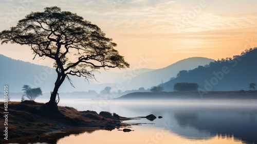 Landscape of Lake in the morning when the sun shines down to the lake full of mist  the dry tree lonely the foreground beautiful adorn the idyllic beauty in the highlands .