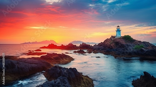 Landscape of small island with ancient lighthouse at sunrise sky is beautiful and peaceful.