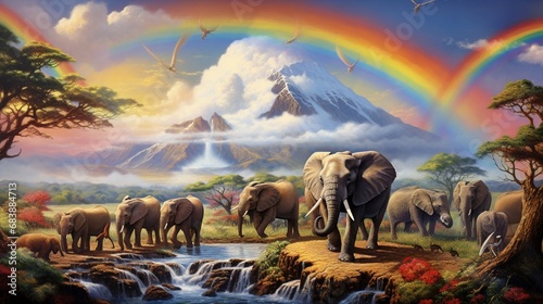 Large group of wildlife animals in a magical bream scene with snow-capped in background and rainbow overhead.