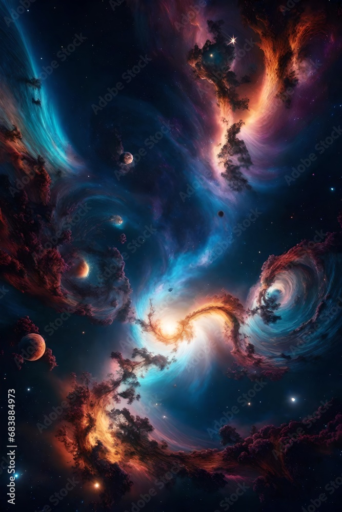 A mesmerizing cosmic landscape featuring swirling galaxies and vibrant nebulas, creating a stunning celestial 3D wallpaper.