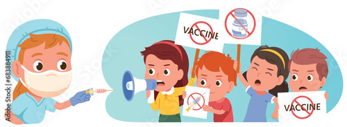 Vaccination skeptics. Anti-vax protest. Antivaxer people group, anti-vaccination activists protesting signs to stop vaccine shots. Corona virus disease social issue problem concept vector illustration