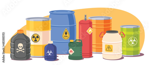 Hazard toxic chemical substances in containers. Different liquids, oil tank, dangerous radioactive, flammable, poisonous substances with biohazard, skull warning safety signs. Flat vector illustration