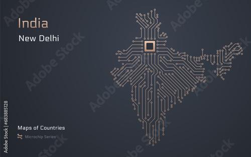 India Bharat Map with a capital of New Delhi Shown in a Microchip Pattern. E-government. World Countries vector maps. Microchip Series