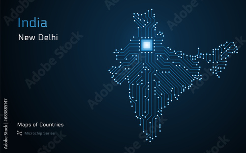 India Glowing Bharat Map with a capital of New Delhi Shown in a Microchip Pattern. E-government. World Countries vector maps. Microchip Series