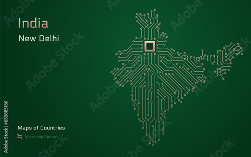 India Bharat Map with a capital of New Delhi Shown in a Microchip Pattern. E-government. World Countries vector maps. Microchip Series