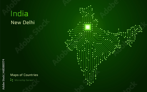 India Glowing Bharat Map with a capital of New Delhi Shown in a Microchip Pattern. E-government. World Countries vector maps. Microchip Series