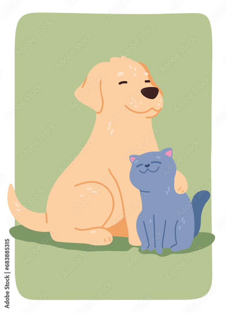 Cute cat and dog pet friends sitting together. Funny Labrador retriever doggy embracing domestic kitten animal with paw sticker. Companion couple friendship cartoon characters flat vector illustration