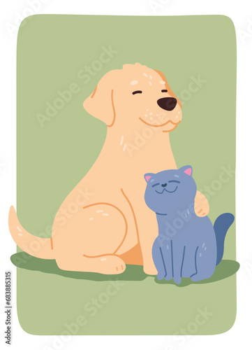 Cute cat and dog pet friends sitting together. Funny Labrador retriever doggy embracing domestic kitten animal with paw sticker. Companion couple friendship cartoon characters flat vector illustration