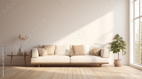 Morning-Lit Minimalist Living Room with Neutral-Toned Sofa © Soontorn