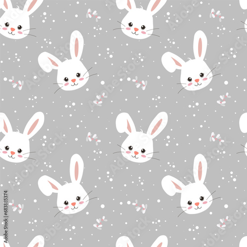 Seamless pattern with a rabbit face  snowflakes  on a gray background. Vector illustration.