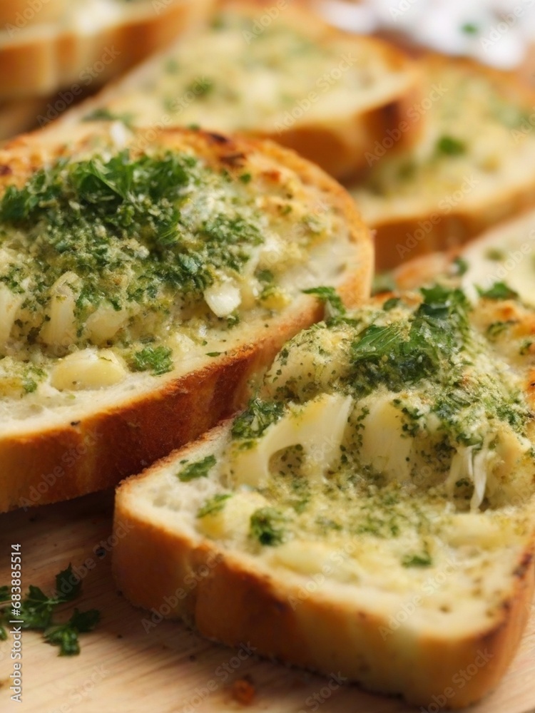 closeup of grilled garlic bread with garlic and parsley topping closeup of grilled garlic bread with garlic and parsley topping