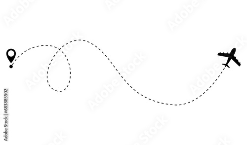 Airplane dotted route line. Path travel line shape. Flight route with start point and dash line trace for plane isolated illustration