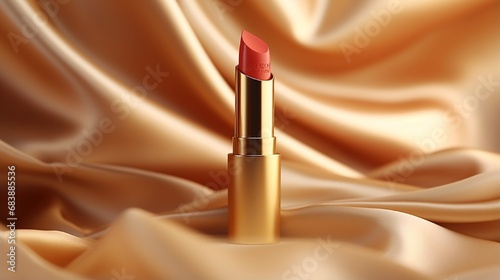 Lipstick on a fluttering gold fabric background Cosmetics in the tube, bottle, style, makeup, lips, beauty, make-up, and facials .
