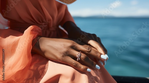 Close-up of a woman's hands painted with coral nail polish, holding a sunhat with a cerulean blue ribbon, the sea shimmering behind