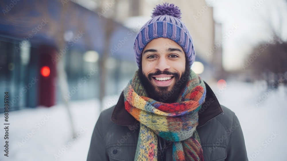 Smiling man in an urban winter setting, wearing a purple knitted hat and a colorful scarf, expressing joy and warmth despite the cold surroundings. Smiling man in an urban winter setting, wearing a purple knitted hat and a colorful scarf, expressing joy and warmth despite the cold surroundings.