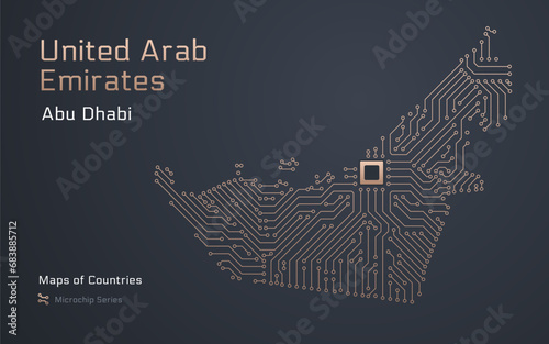 United Arab Emirates, Map with a capital of Abu Dhabi Shown in a Microchip Pattern. E-government. World Countries vector maps. Microchip Series photo