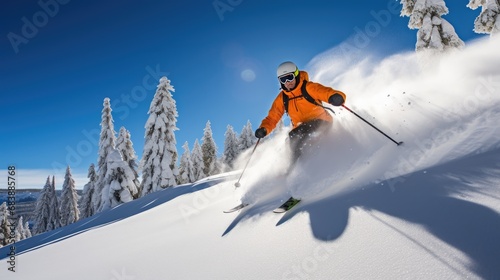 An action shot of a skier in a bright orange jacket and black helmet, skillfully descending a snow-covered slope surrounded by snow-laden trees under a clear blue sky.