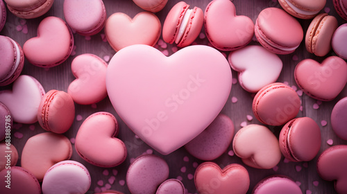 Composition with decorated heart shaped cookies on pink background, top view. Valentine's day
