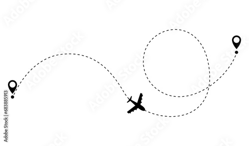 Airplane dotted route line. Path travel line shape. Flight route with start point and dash line trace for plane isolated illustration