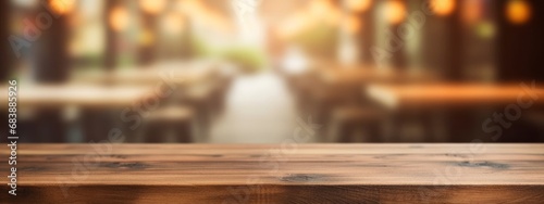 The empty wooden table top with blur background of cafe, Generative AI