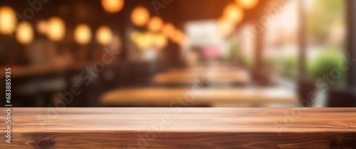 The empty wooden table top with blur background of cafe, Generative AI photo