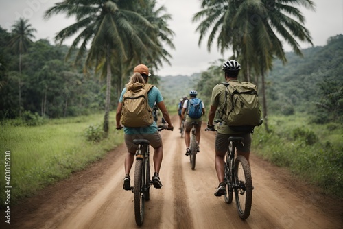 Group of cyclists explore a tropical forest on a dirt road, Team of friends cycling on a road in a dense forest surrounded by palm trees and greenery