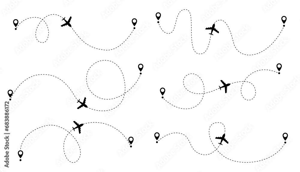 Airplane dotted route line set. Path travel line shapes. Flight route with start point and dash line trace for plane isolated illustration